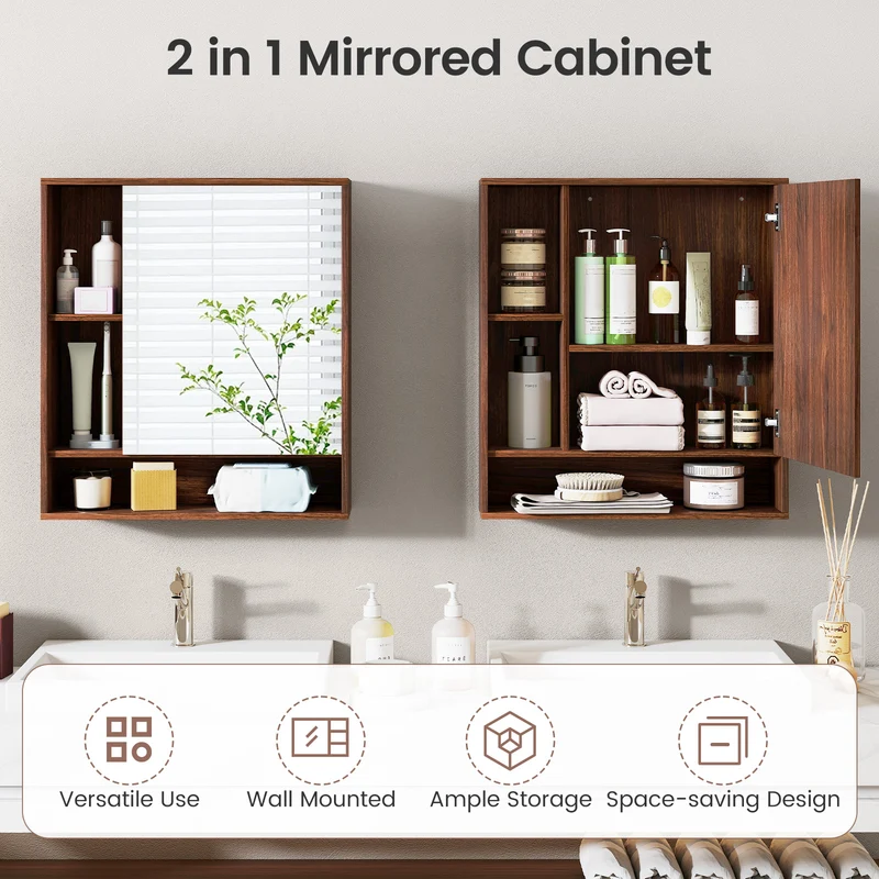 Wall Mounted Bathroom Cabinet With Mirror, Single Door, Walnut