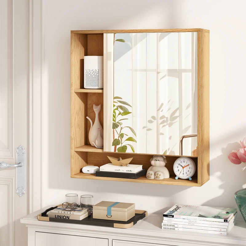 Wall Mounted Bathroom Cabinet With Mirror, Single Door, Natural