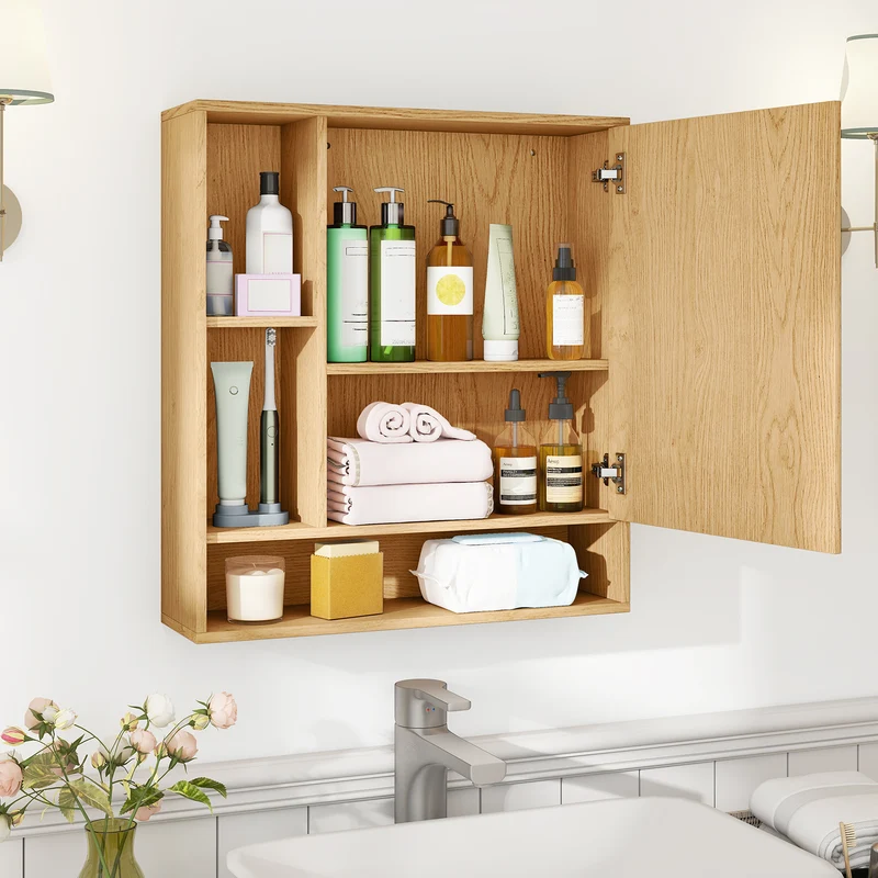 Wall Mounted Bathroom Cabinet With Mirror, Single Door, Natural