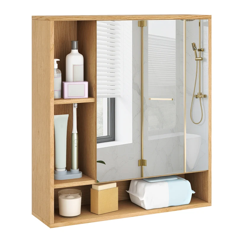 Wall Mounted Bathroom Cabinet With Mirror, Single Door, Natural