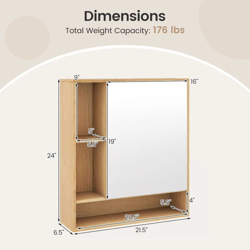 Wall Mounted Bathroom Cabinet With Mirror, Single Door, Natural