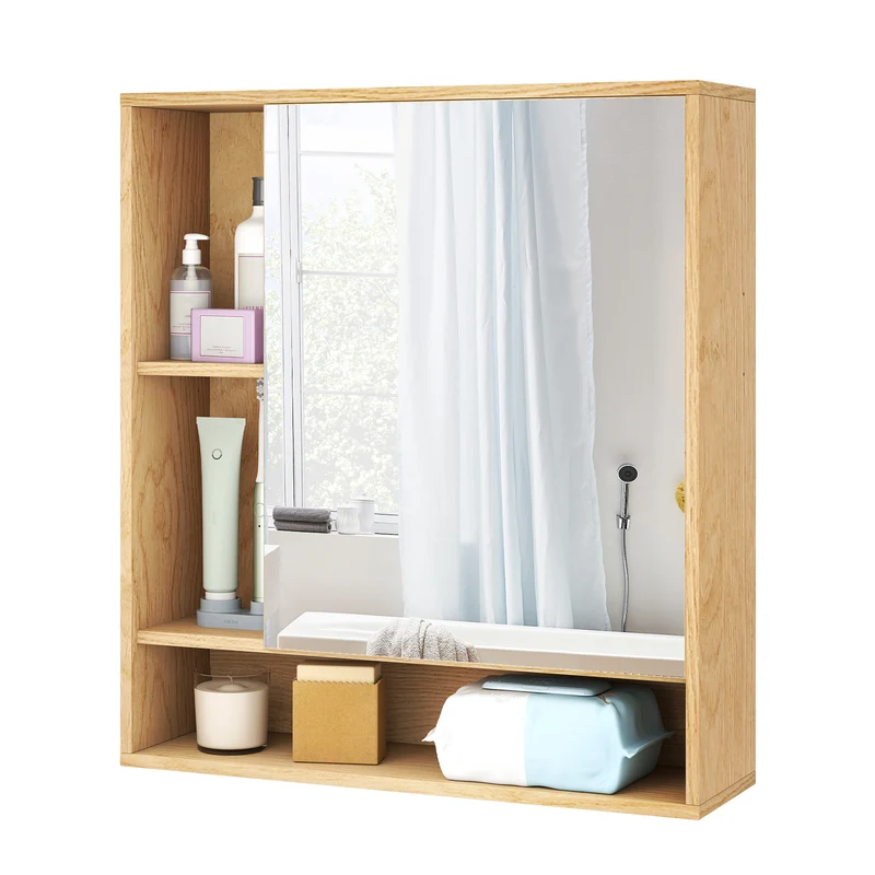 Wall Mounted Bathroom Cabinet With Mirror, Single Door, Natural