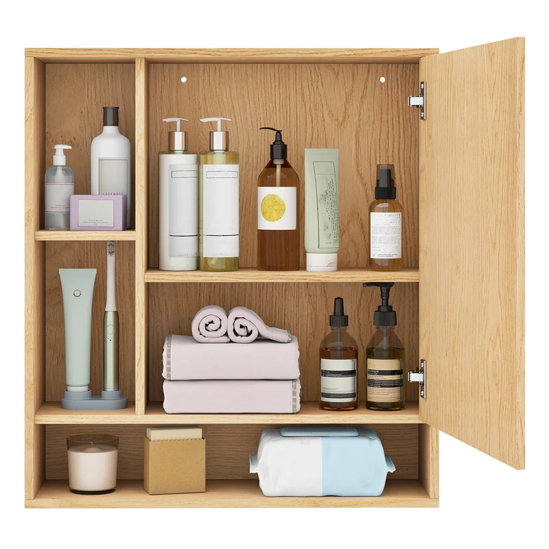 Wall Mounted Bathroom Cabinet With Mirror, Single Door, Natural