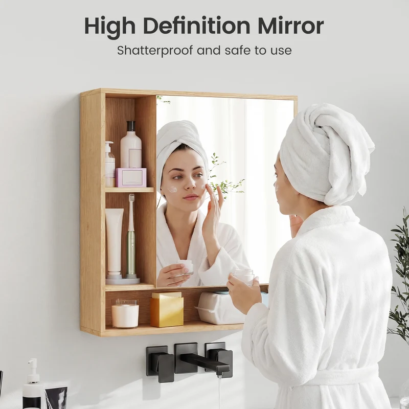 Wall Mounted Bathroom Cabinet With Mirror, Single Door, Natural