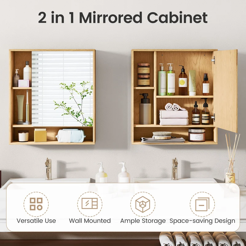 Wall Mounted Bathroom Cabinet With Mirror, Single Door, Natural
