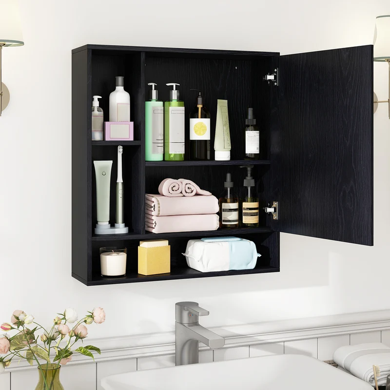 Wall Mounted Bathroom Cabinet With Mirror, Single Door, Black