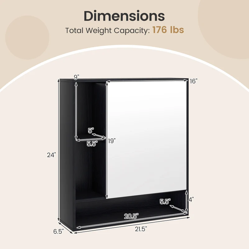 Wall Mounted Bathroom Cabinet With Mirror, Single Door, Black
