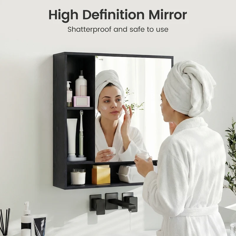 Wall Mounted Bathroom Cabinet With Mirror, Single Door, Black
