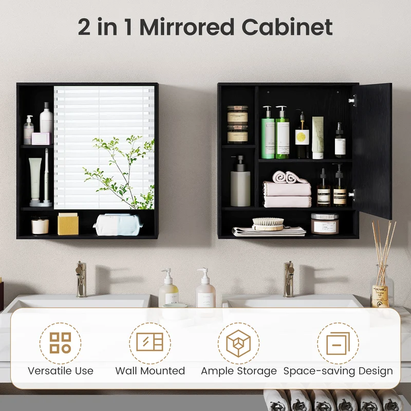 Wall Mounted Bathroom Cabinet With Mirror, Single Door, Black