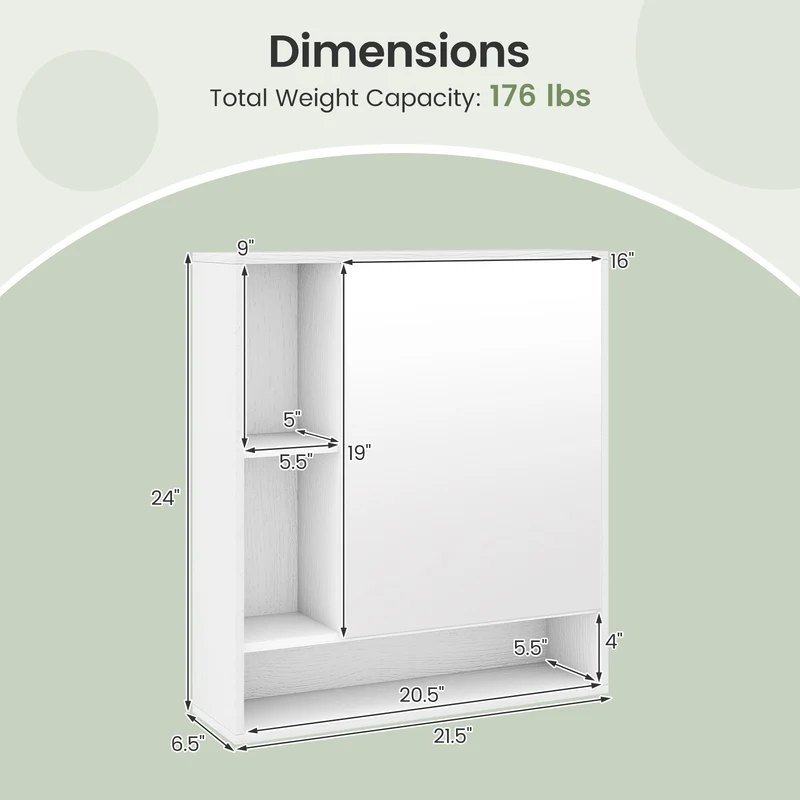 Wall Mounted Bathroom Cabinet, Single Door Mirror, White