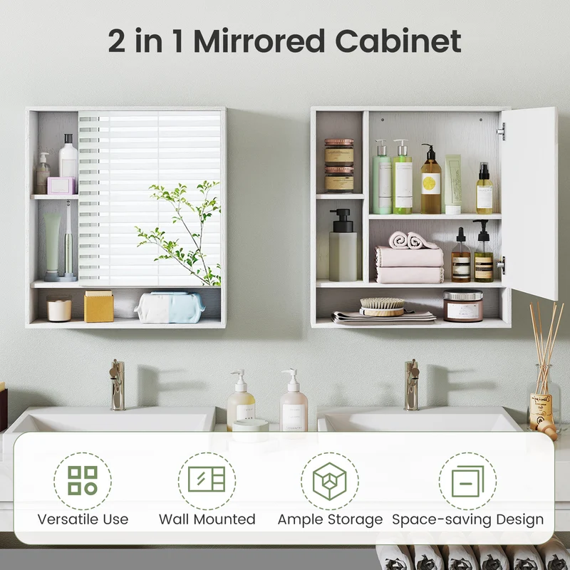 Wall Mounted Bathroom Cabinet, Single Door Mirror, White