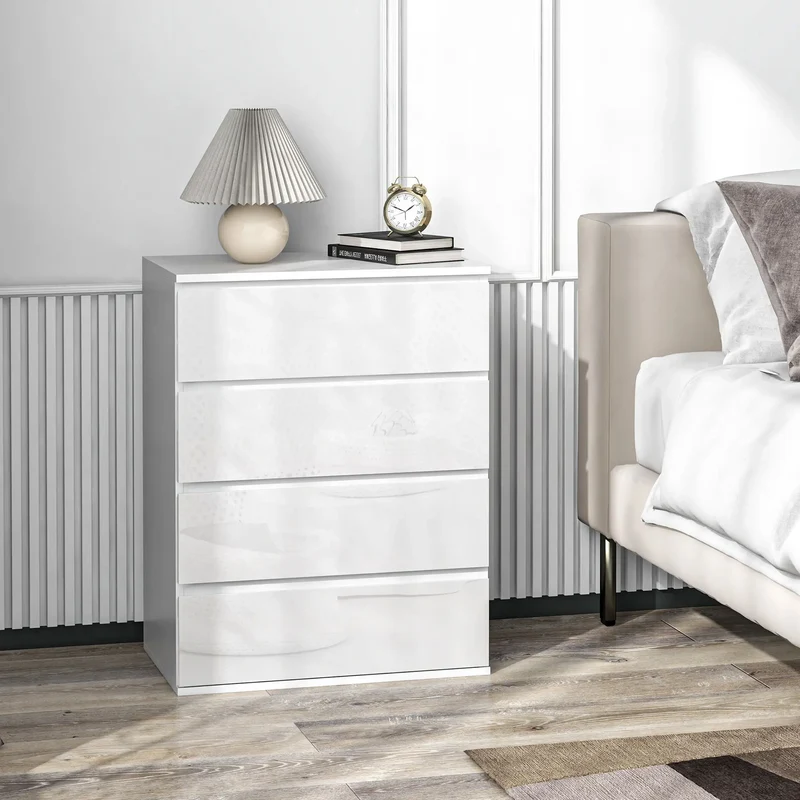 4 Drawer Cabinet, High Gloss, Bedroom Chest, Metal Runners, White