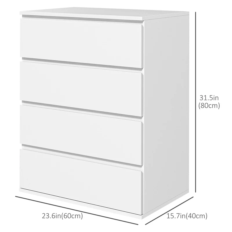 4 Drawer Cabinet, High Gloss, Bedroom Chest, Metal Runners, White