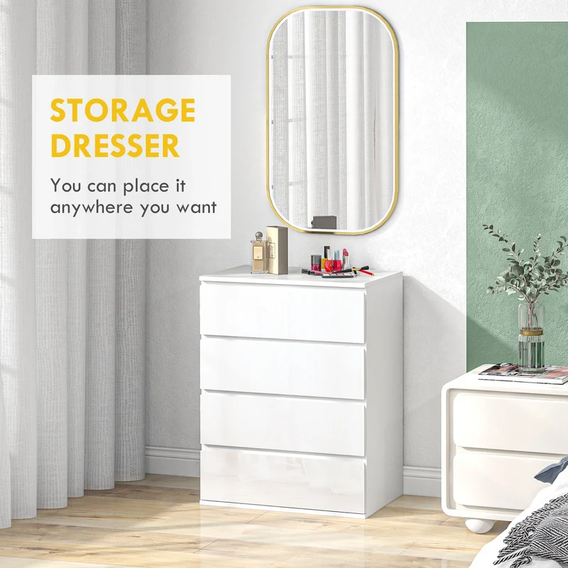 4 Drawer Cabinet, High Gloss, Bedroom Chest, Metal Runners, White