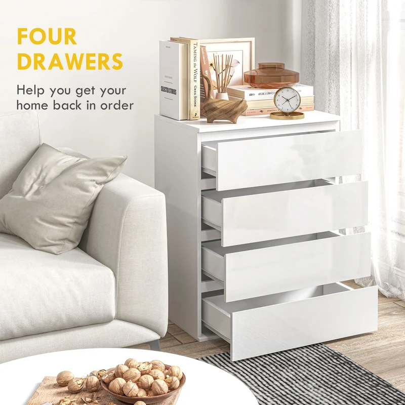 4 Drawer Cabinet, High Gloss, Bedroom Chest, Metal Runners, White