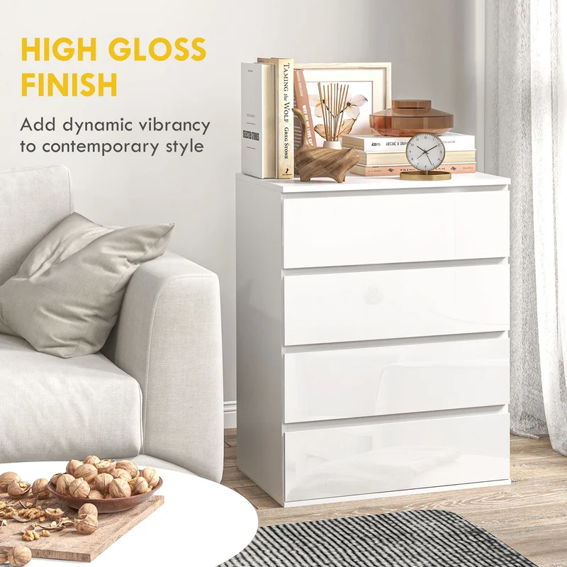 4 Drawer Cabinet, High Gloss, Bedroom Chest, Metal Runners, White