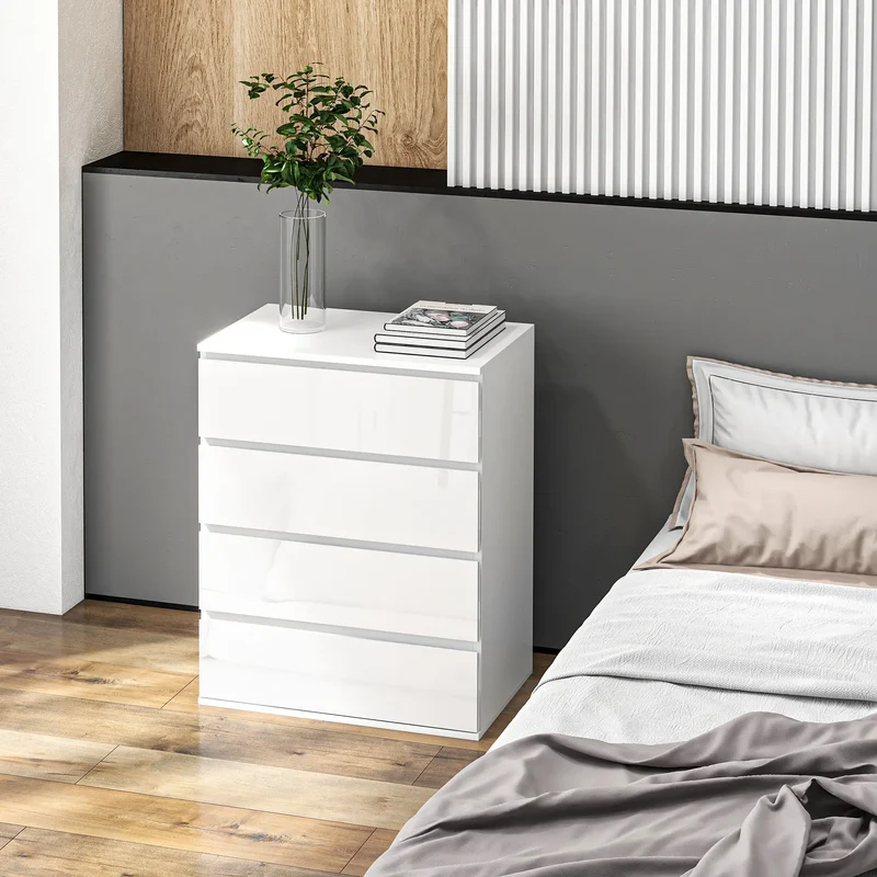 4 Drawer Cabinet, High Gloss, Bedroom Chest, Metal Runners, White