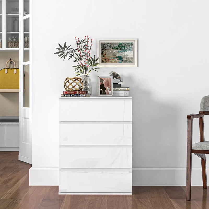 4 Drawer Cabinet, High Gloss, Bedroom Chest, Metal Runners, White