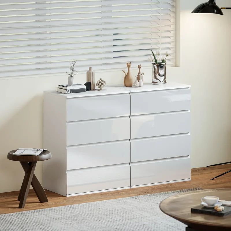 4 Drawer Cabinet, High Gloss, Bedroom Chest, Metal Runners, White