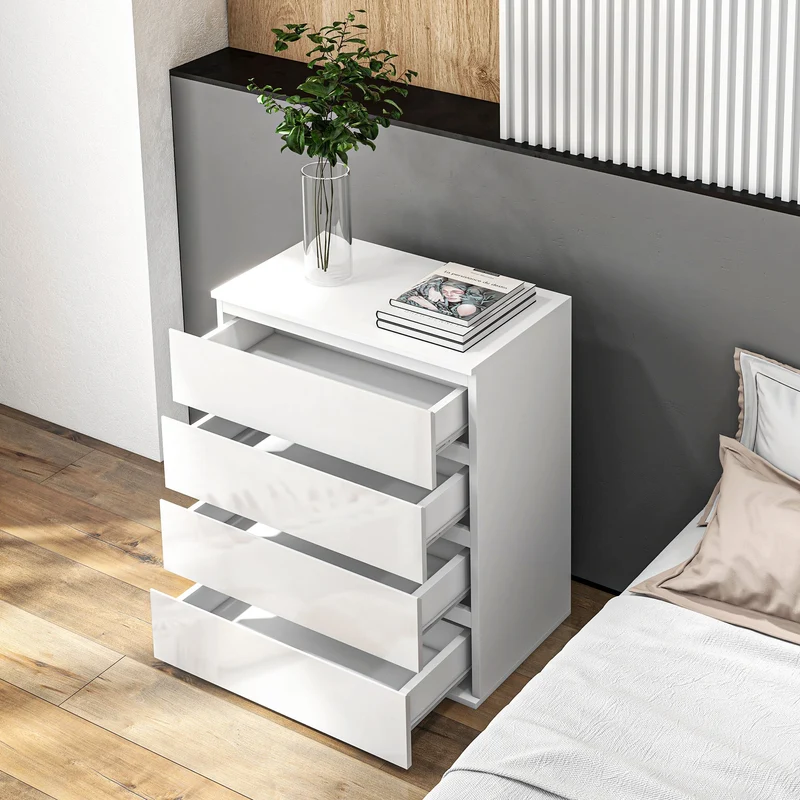 4 Drawer Cabinet, High Gloss, Bedroom Chest, Metal Runners, White