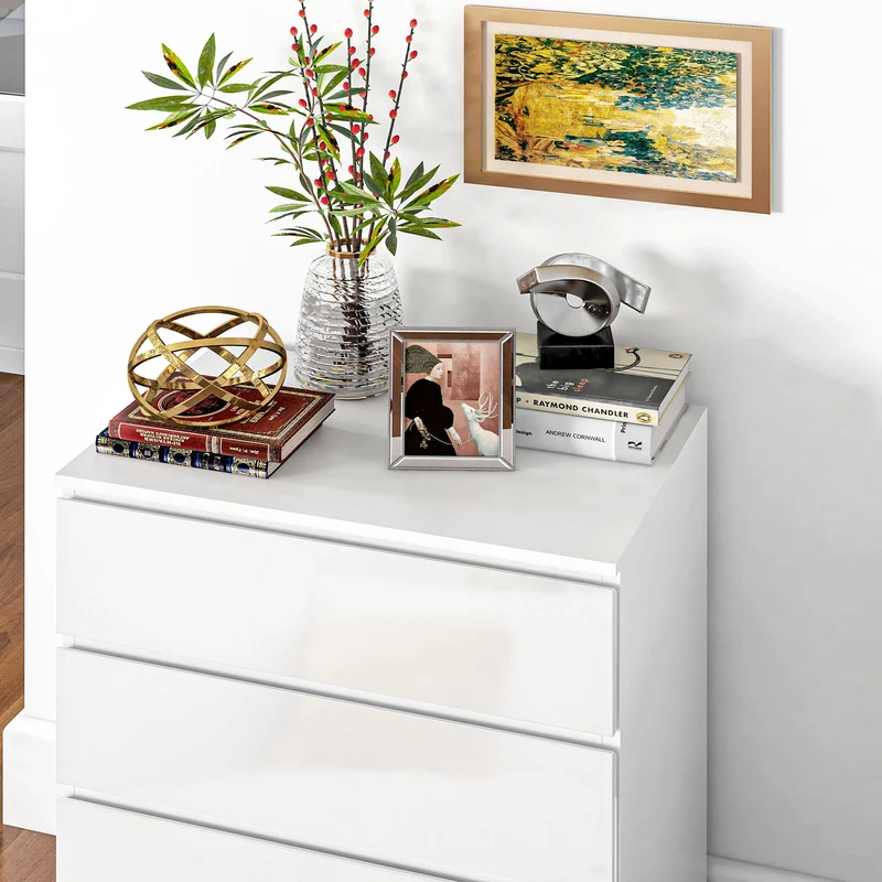4 Drawer Cabinet, High Gloss, Bedroom Chest, Metal Runners, White