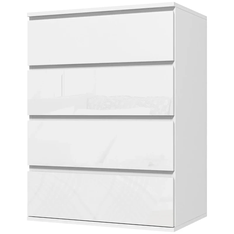 4 Drawer Cabinet, High Gloss, Bedroom Chest, Metal Runners, White