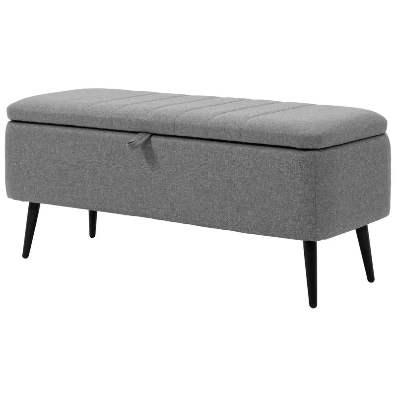 40" Ottoman with Storage, Linen Upholstered Bench, Steel Legs, Grey