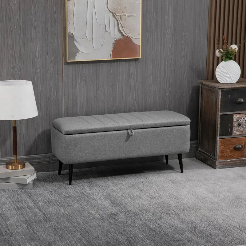 40" Ottoman with Storage, Linen Upholstered Bench, Steel Legs, Grey