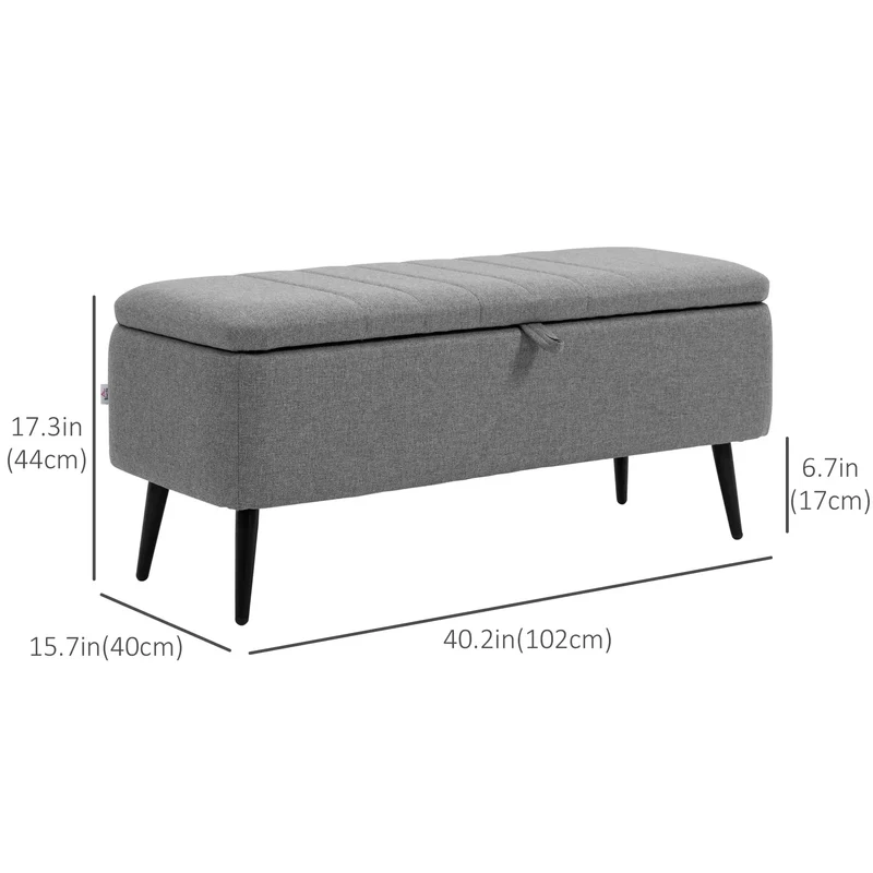 40" Ottoman with Storage, Linen Upholstered Bench, Steel Legs, Grey