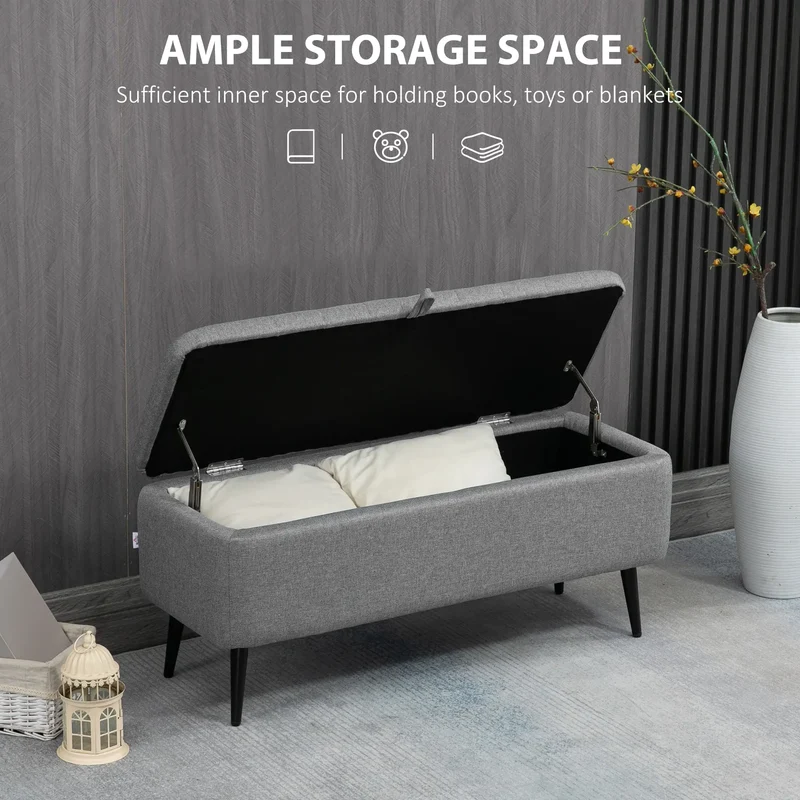 40" Ottoman with Storage, Linen Upholstered Bench, Steel Legs, Grey