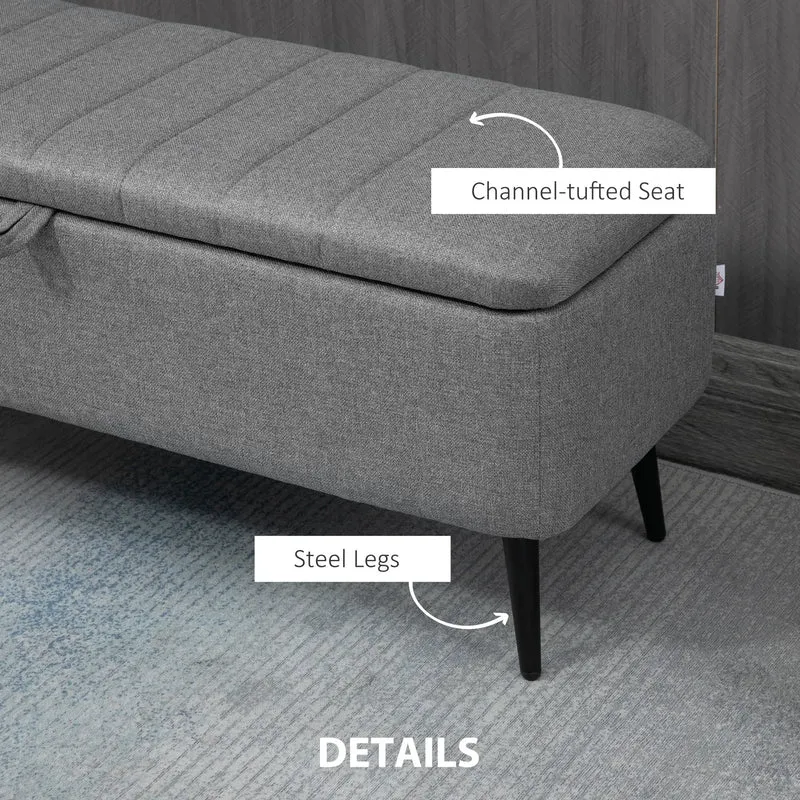 40" Ottoman with Storage, Linen Upholstered Bench, Steel Legs, Grey