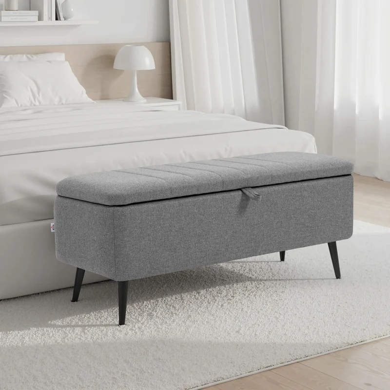 40" Ottoman with Storage, Linen Upholstered Bench, Steel Legs, Grey