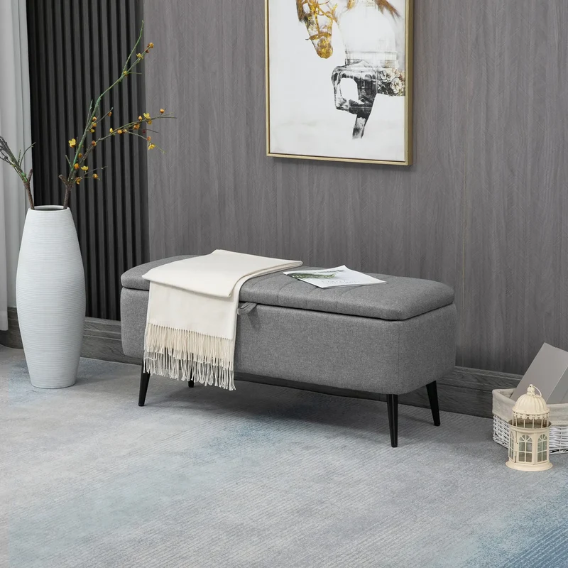 40" Ottoman with Storage, Linen Upholstered Bench, Steel Legs, Grey