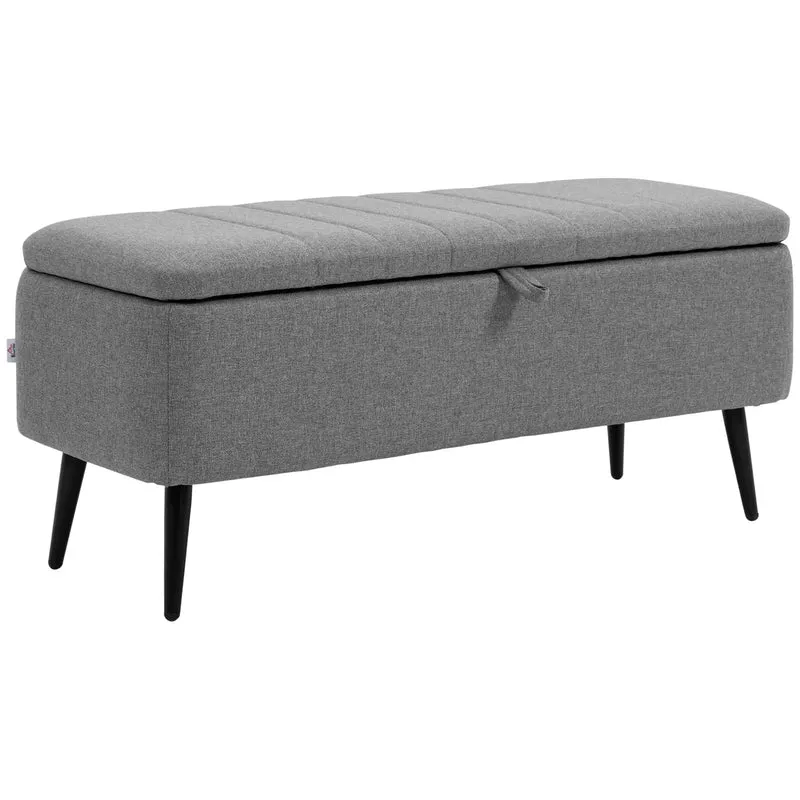 40" Ottoman with Storage, Linen Upholstered Bench, Steel Legs, Grey
