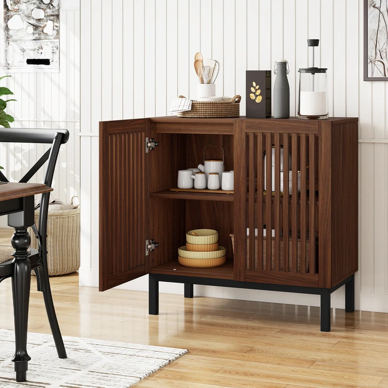Wooden Buffet Cabinet, 32" Storage Sideboard, Walnut Coffee Bar Station
