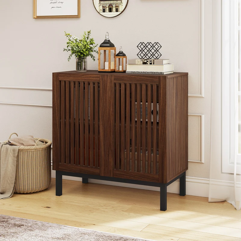 Wooden Buffet Cabinet, 32" Storage Sideboard, Walnut Coffee Bar Station