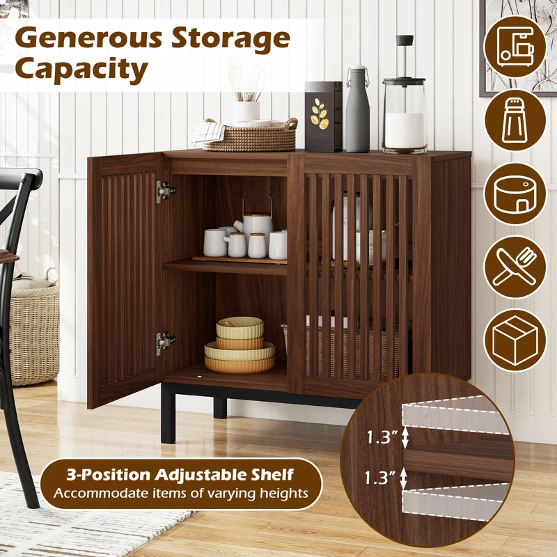 Wooden Buffet Cabinet, 32" Storage Sideboard, Walnut Coffee Bar Station