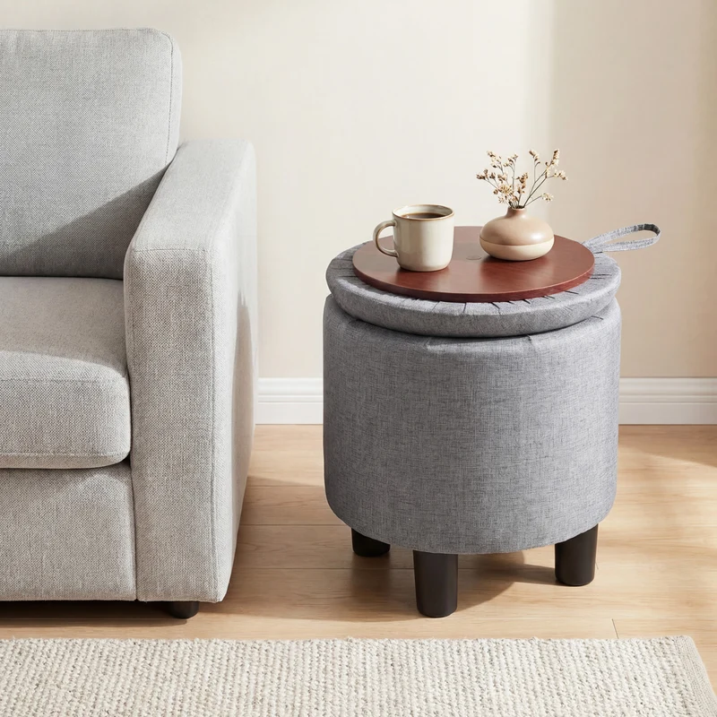 Round Storage Ottoman, Linen Fabric, Upholstered Footrest Stool, Gray