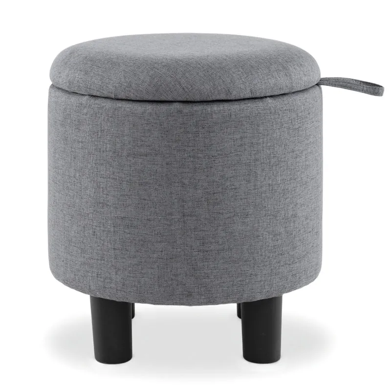 Round Storage Ottoman, Linen Fabric, Upholstered Footrest Stool, Gray