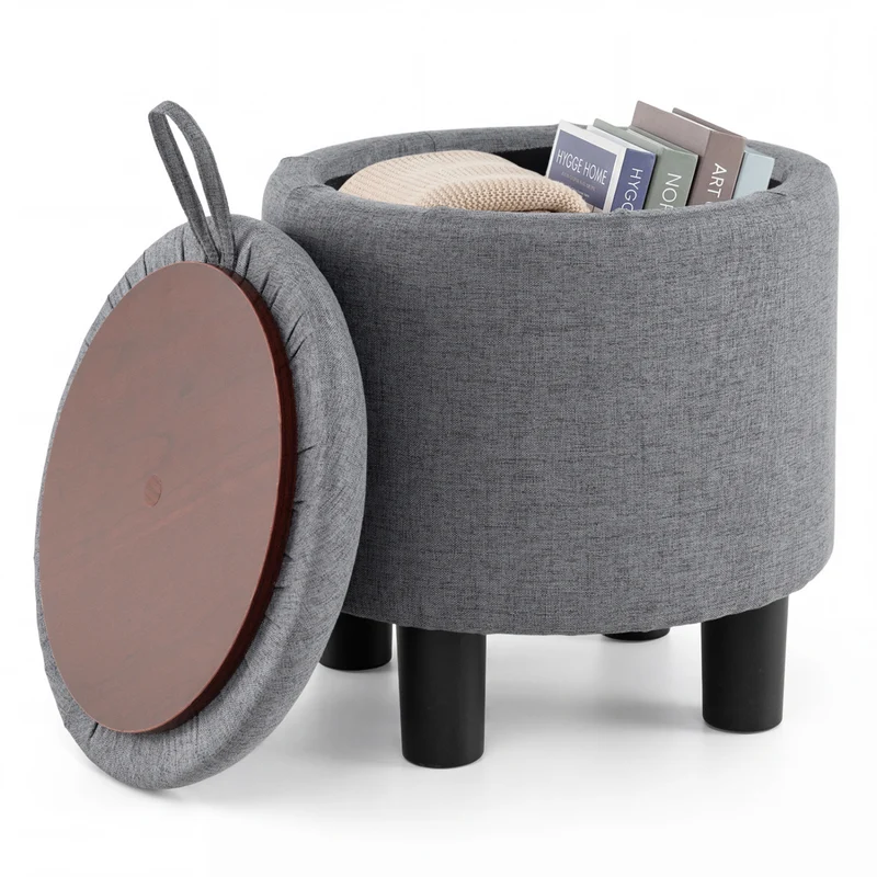 Round Storage Ottoman, Linen Fabric, Upholstered Footrest Stool, Gray