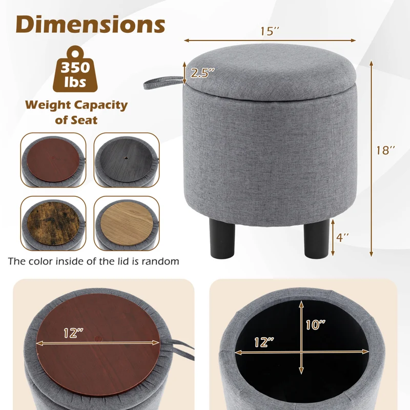 Round Storage Ottoman, Linen Fabric, Upholstered Footrest Stool, Gray