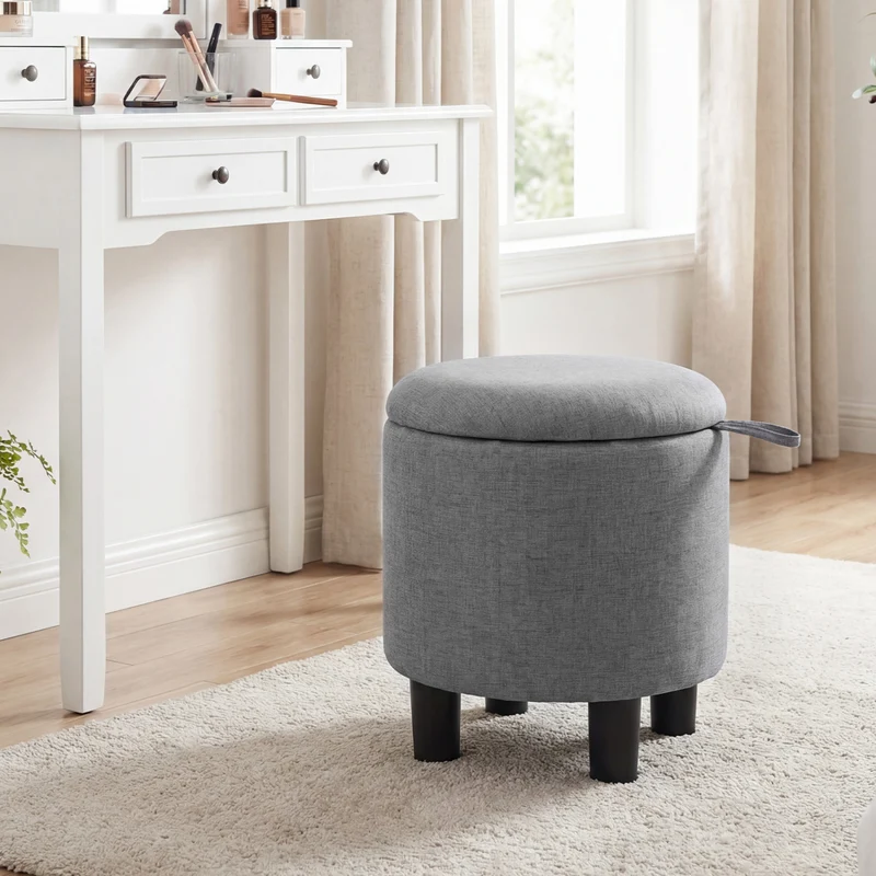 Round Storage Ottoman, Linen Fabric, Upholstered Footrest Stool, Gray
