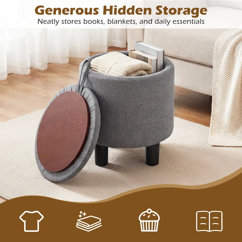 Round Storage Ottoman, Linen Fabric, Upholstered Footrest Stool, Gray