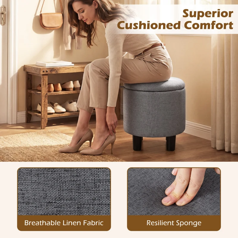 Round Storage Ottoman, Linen Fabric, Upholstered Footrest Stool, Gray