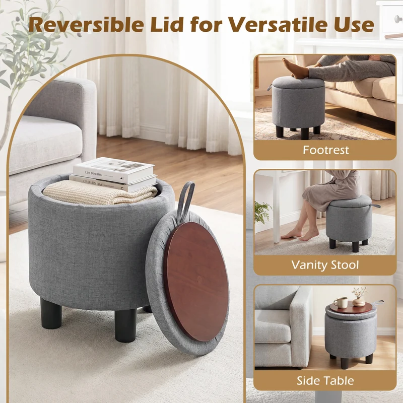 Round Storage Ottoman, Linen Fabric, Upholstered Footrest Stool, Gray