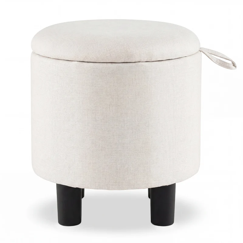 Round Storage Ottoman, Linen Fabric Upholstered Footrest Stool, Beige