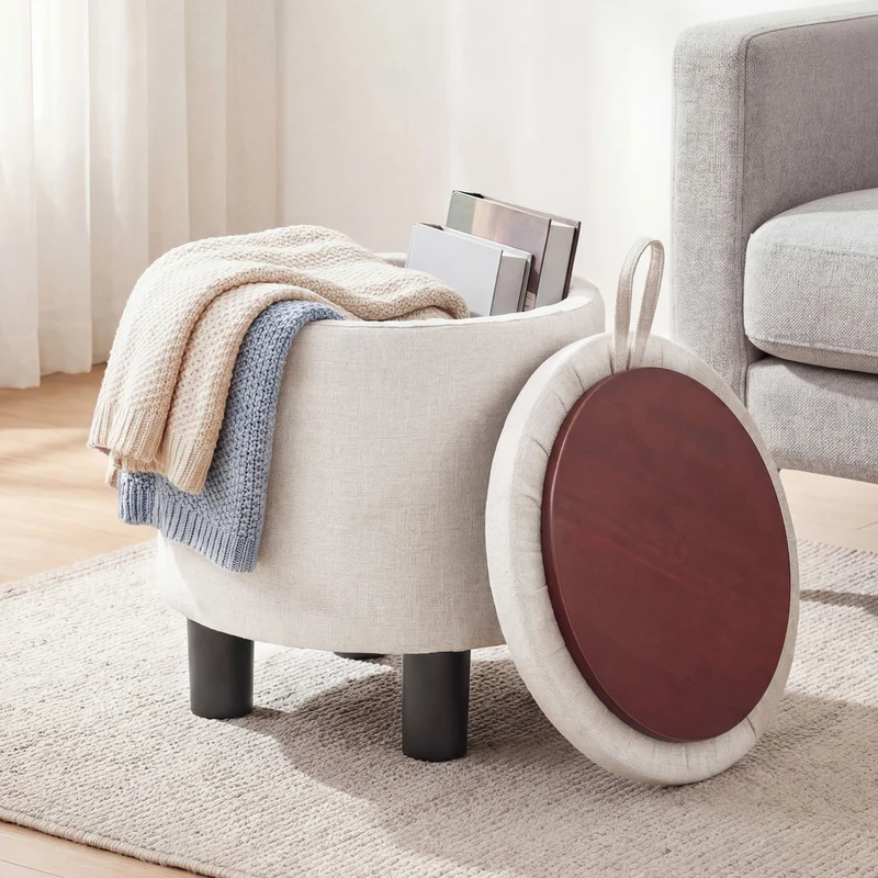 Round Storage Ottoman, Linen Fabric Upholstered Footrest Stool, Beige