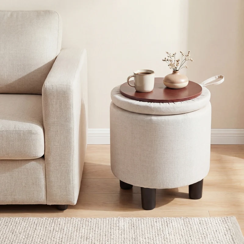 Round Storage Ottoman, Linen Fabric Upholstered Footrest Stool, Beige