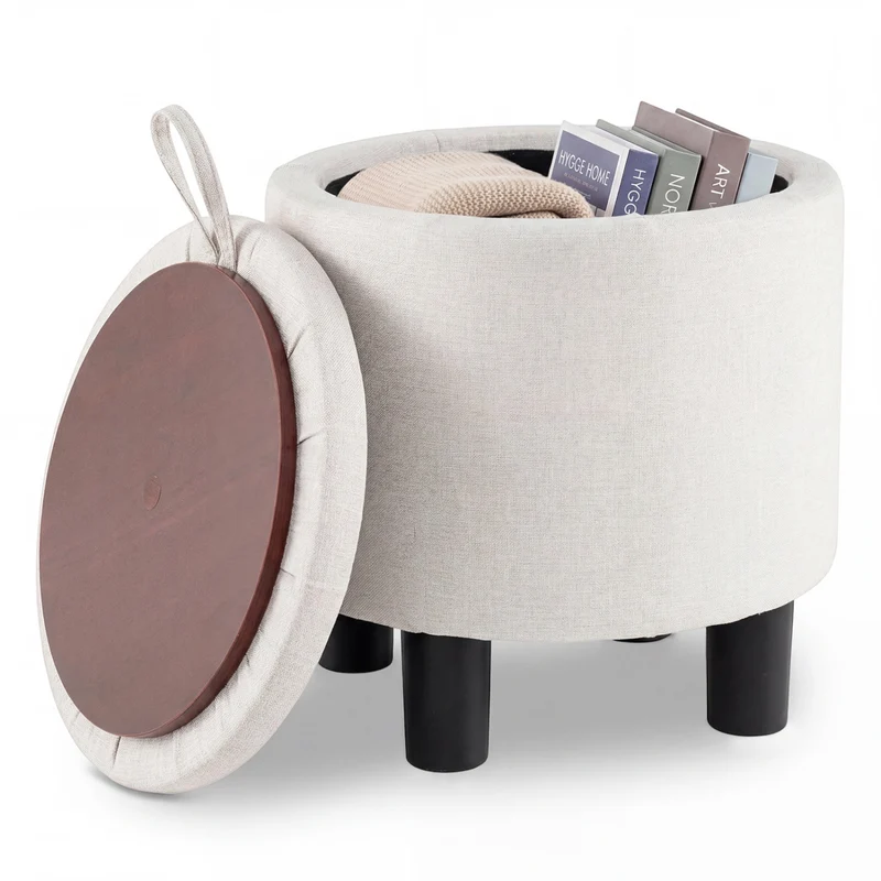 Round Storage Ottoman, Linen Fabric Upholstered Footrest Stool, Beige