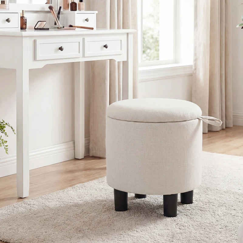 Round Storage Ottoman, Linen Fabric Upholstered Footrest Stool, Beige